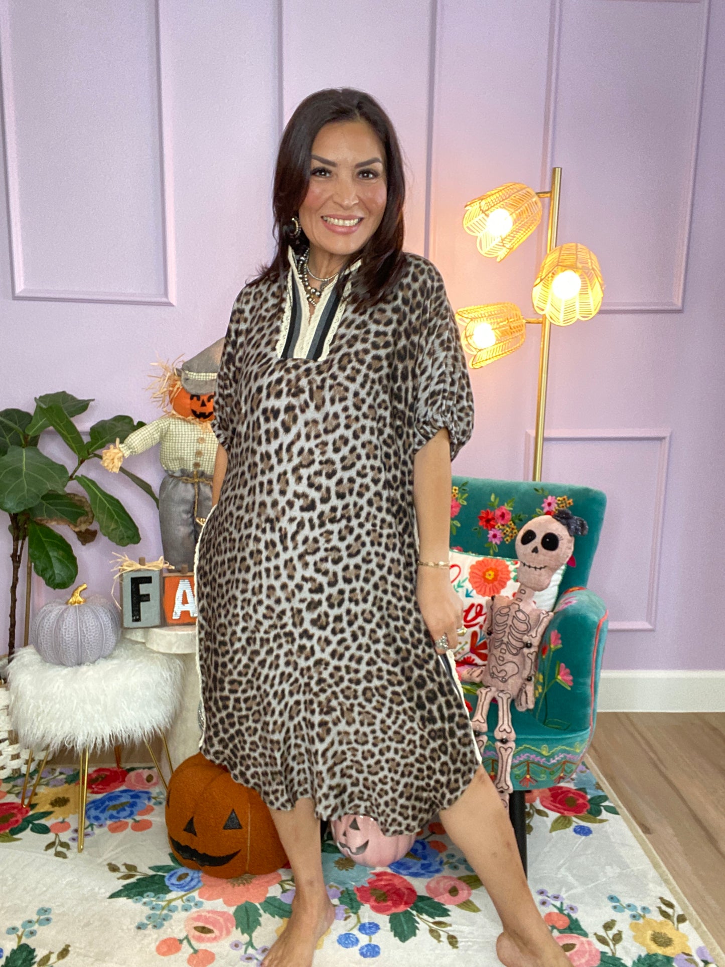 Leopard Print Dolman Sleeve Midi Dress - S-2XL