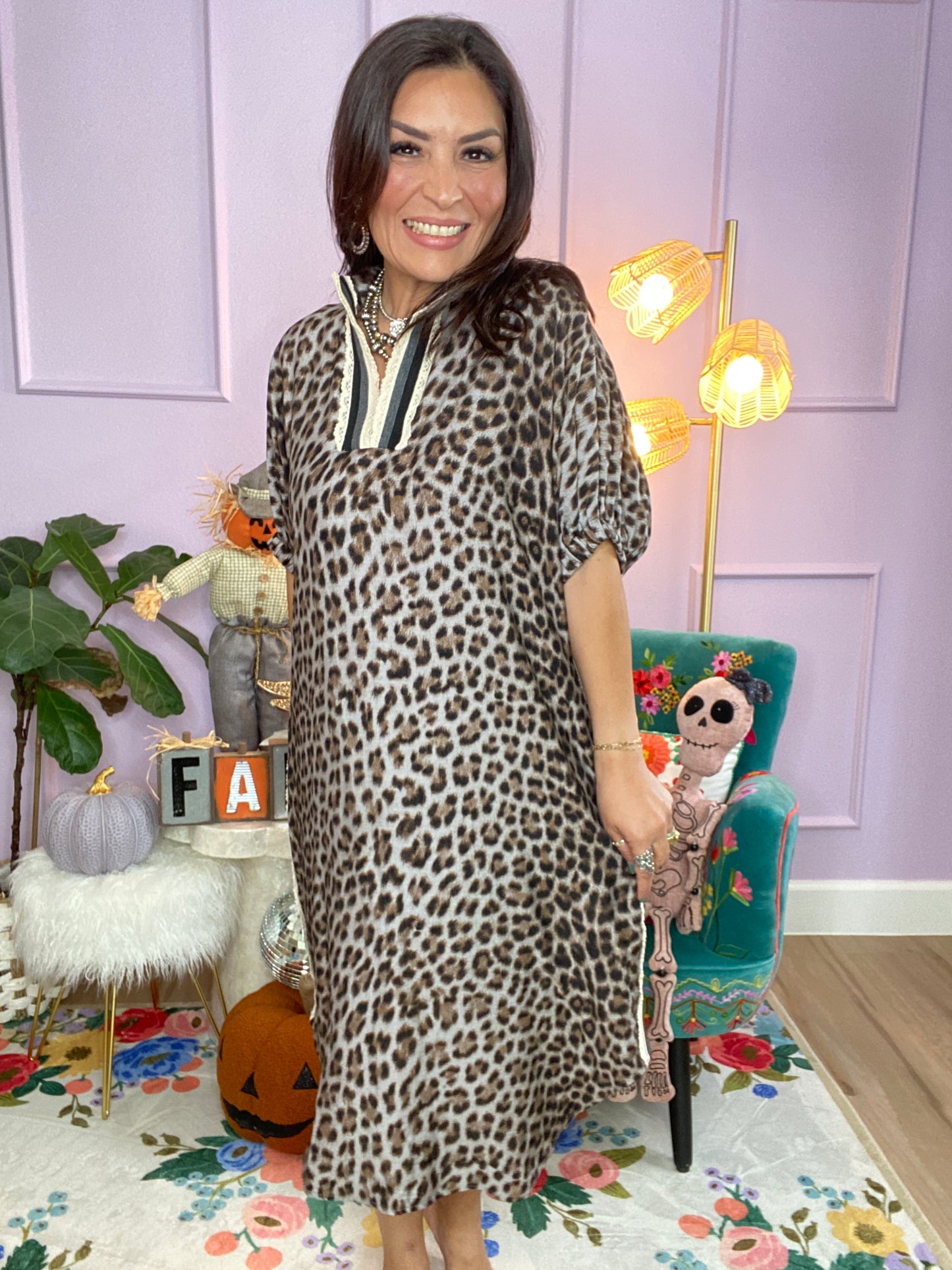 Leopard Print Dolman Sleeve Midi Dress - S-2XL