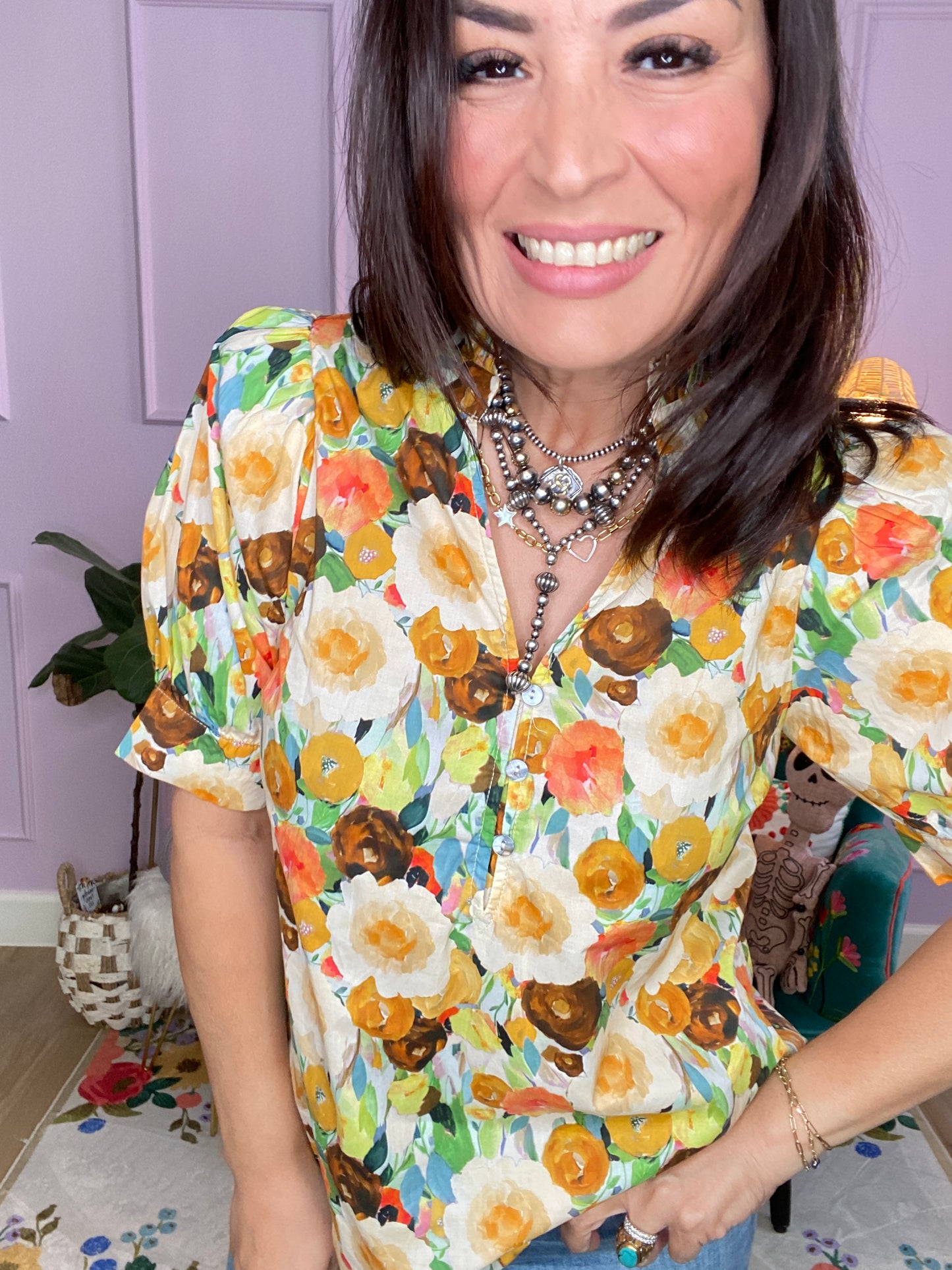 Floral Puff Sleeve Ruffle V-Neck Top