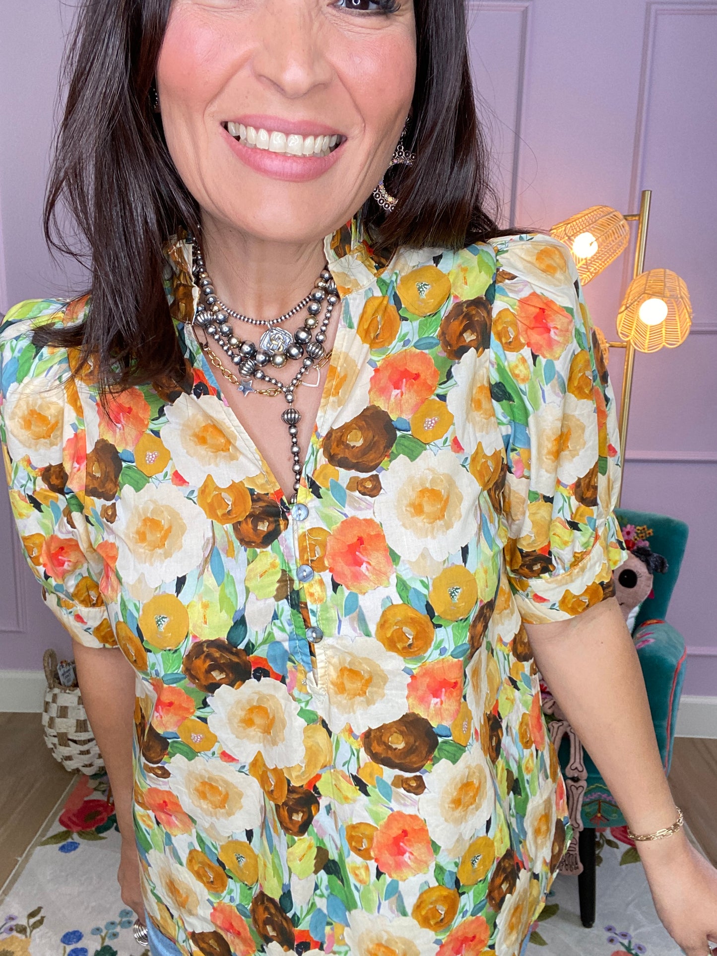 Floral Puff Sleeve Ruffle V-Neck Top