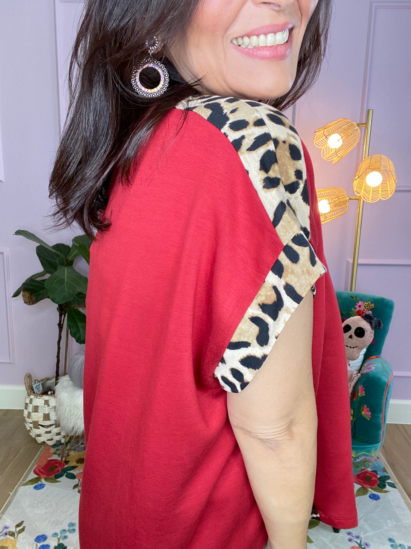 Solid Jersey Knit Top with Leopard Contrast