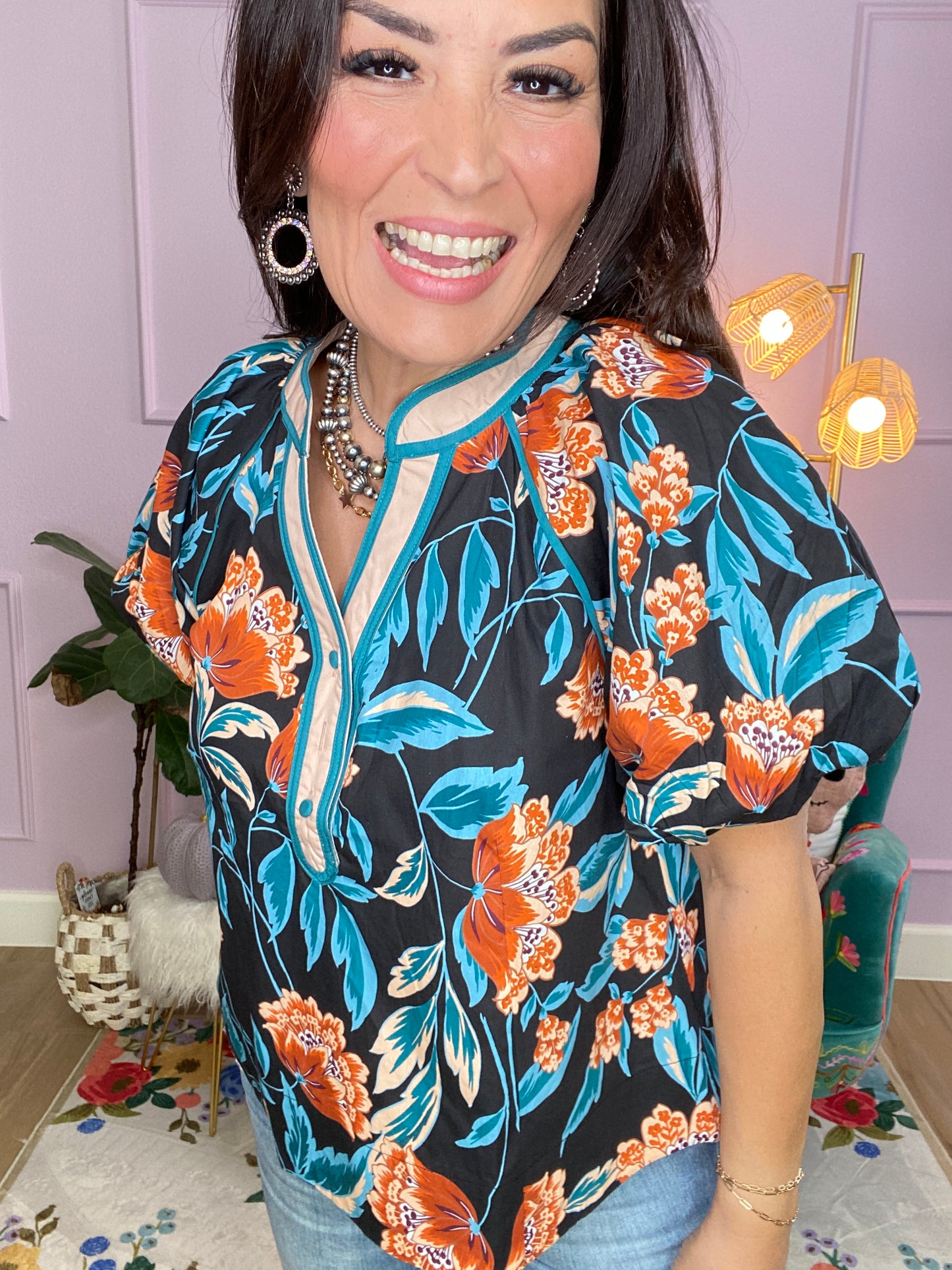 Floral Bubble Sleeve Contrast Top