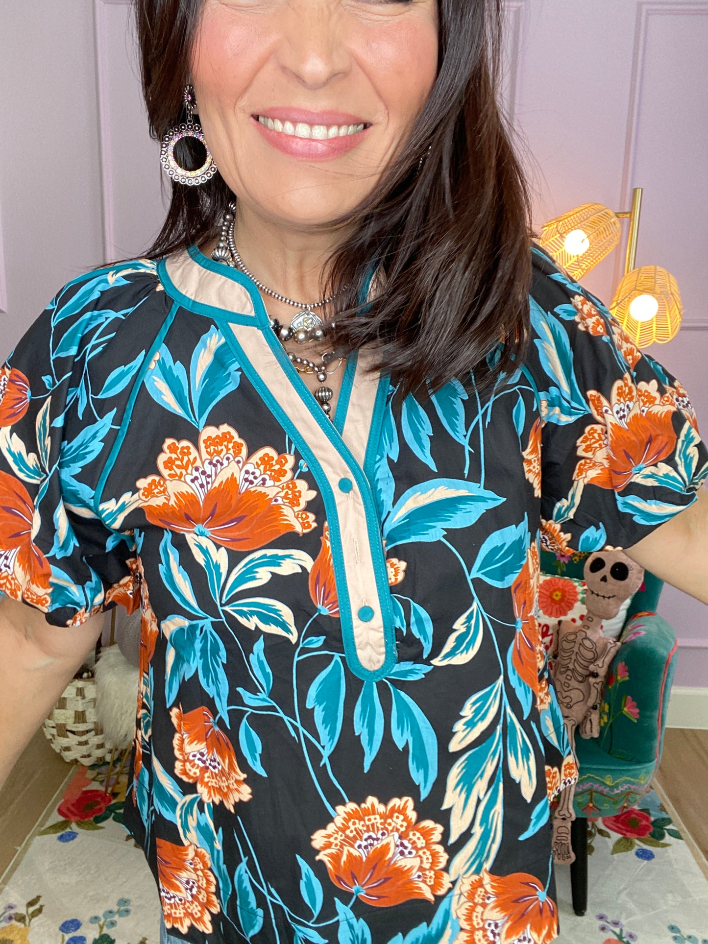 Floral Bubble Sleeve Contrast Top