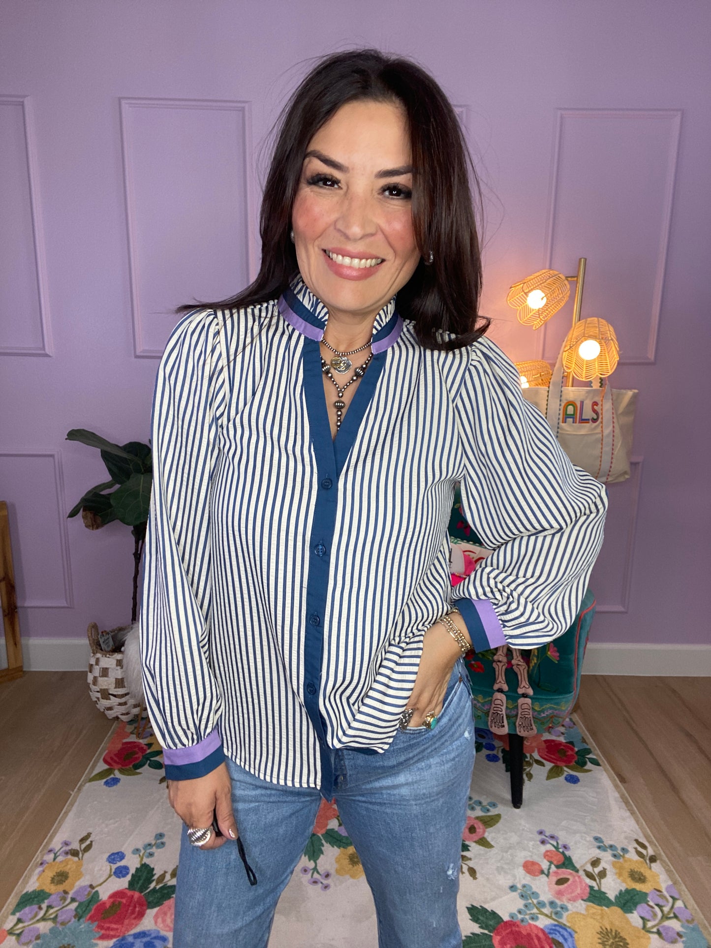 Striped Button-Down Ruffle Top