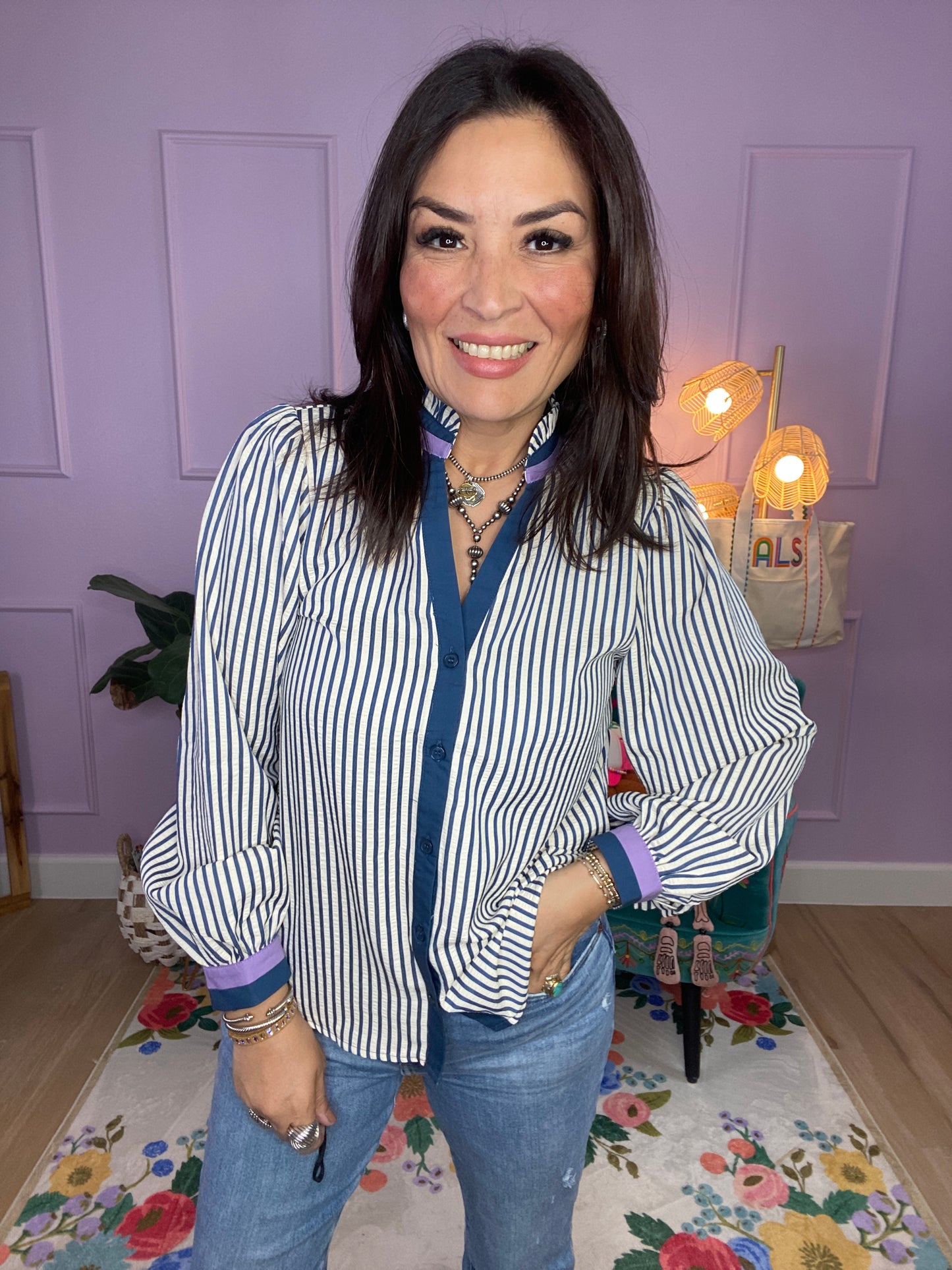 Striped Button-Down Ruffle Top