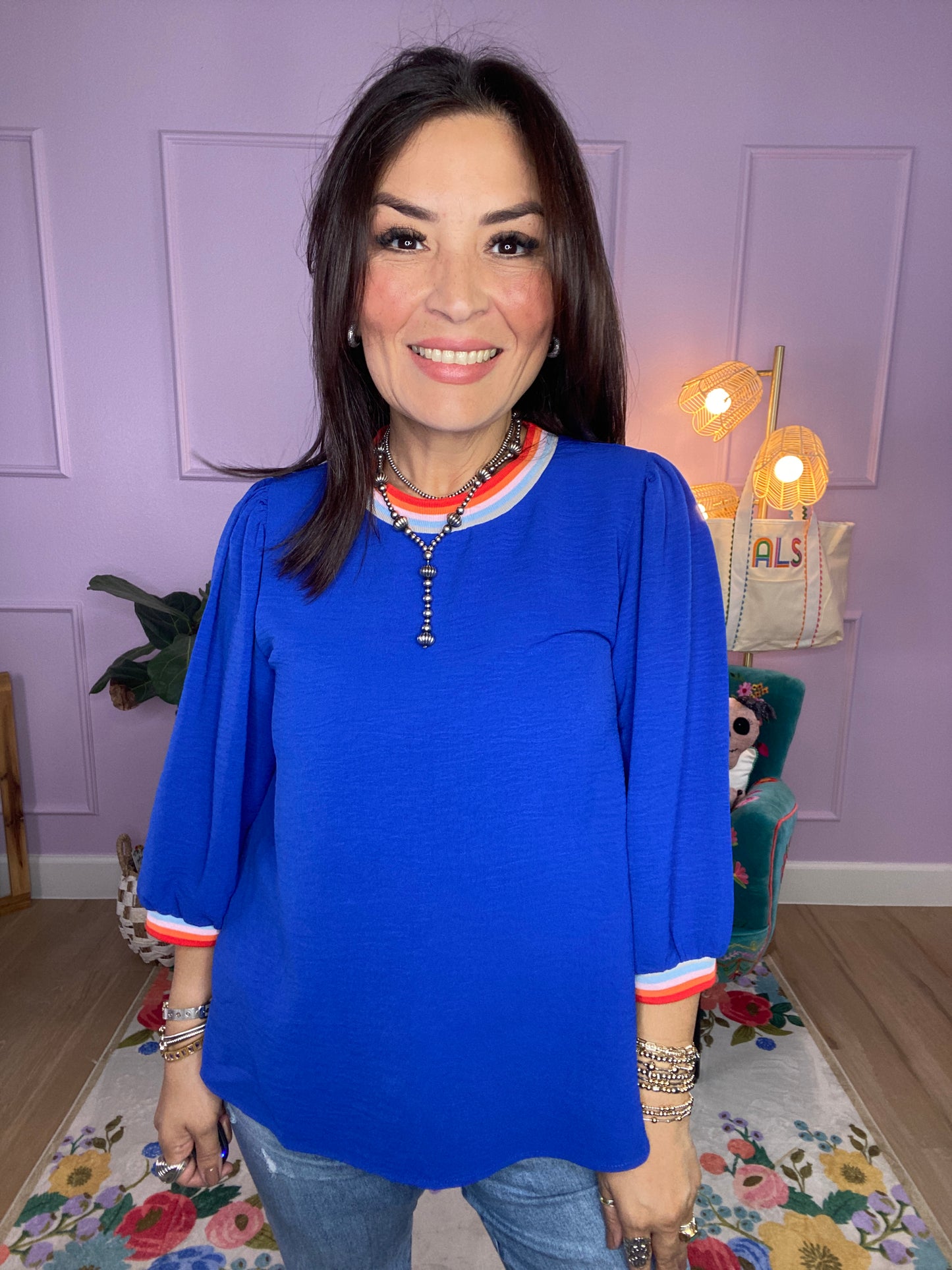 Solid U-Neck Peasant Sleeve Top