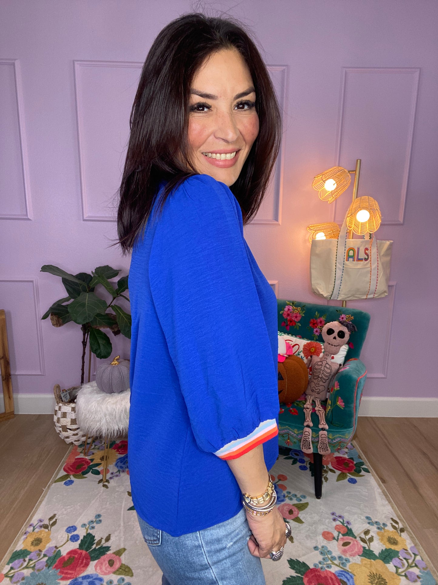 Solid U-Neck Peasant Sleeve Top