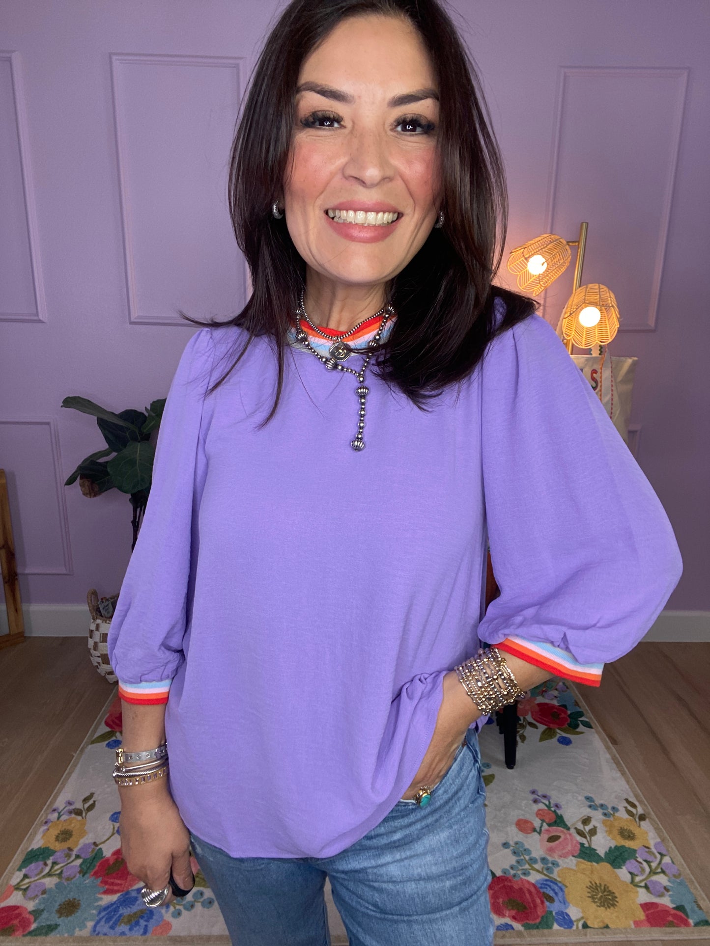 Solid U-Neck Peasant Sleeve Top - Lilac