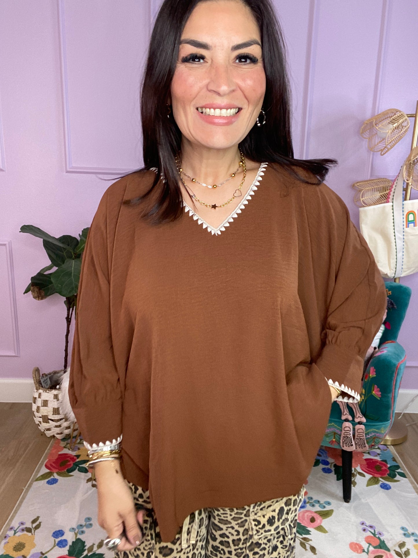 Relaxed Elegance Batwing Top - BROWN