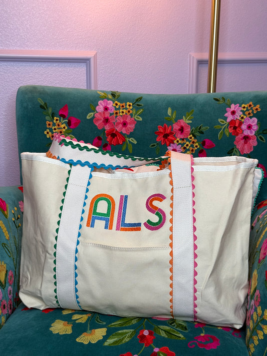 BE HAPPY RIC RAC TOTE BAG