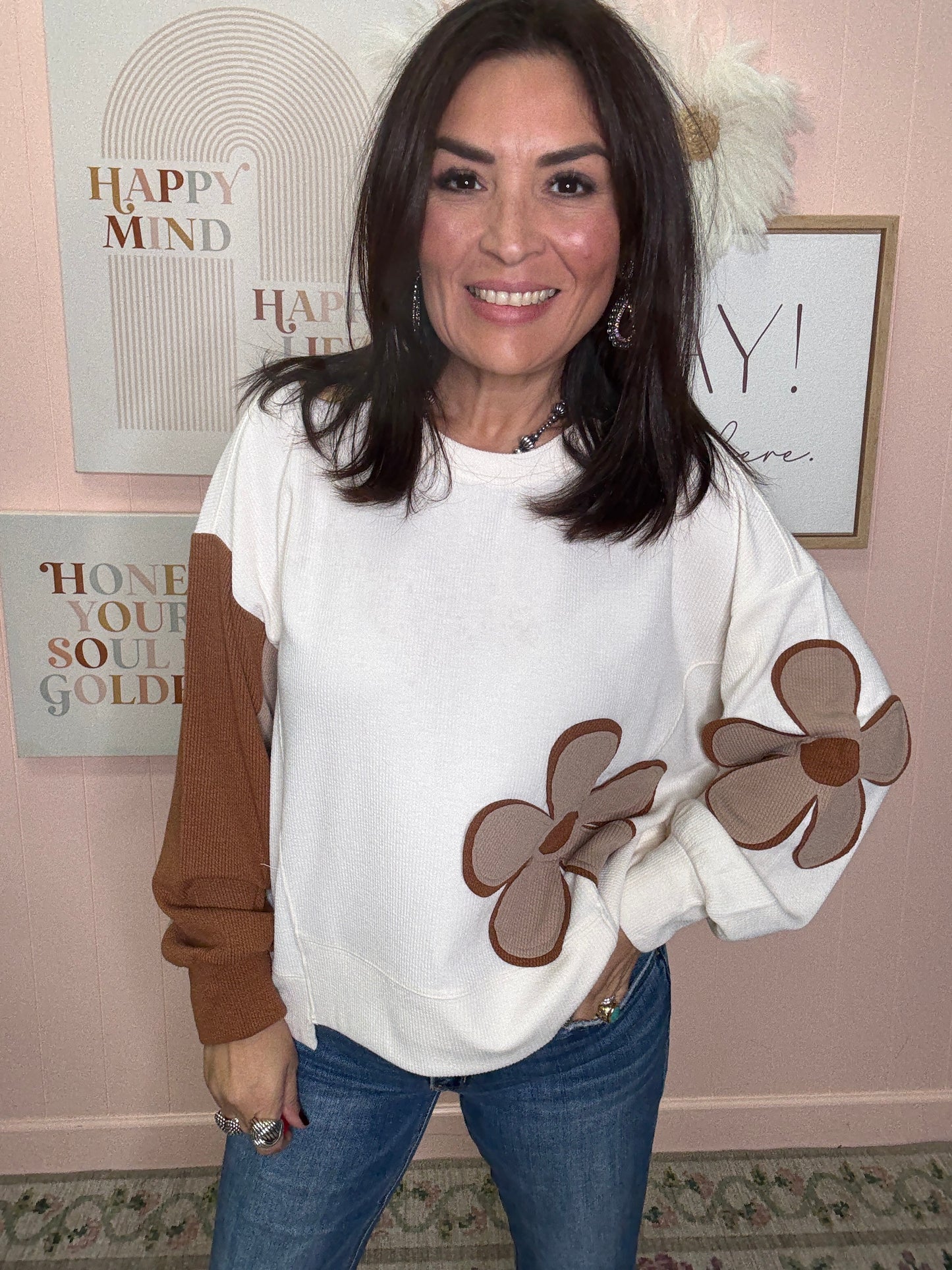 Textured Rib Flower Patchwork Top with Uneven Hem