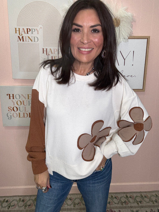 Textured Rib Flower Patchwork Top with Uneven Hem