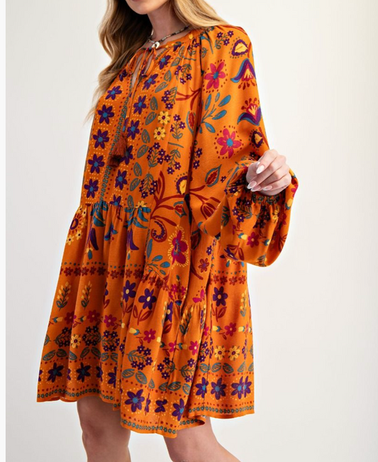 PLUS SIZE-PRINTED RAYON GAUZE MINI DRESS