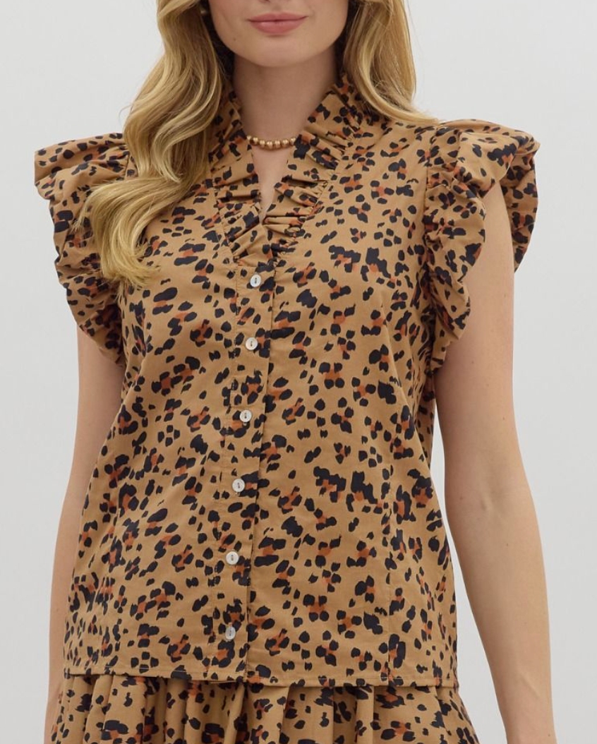 Leopard print puff flutter sleeve top