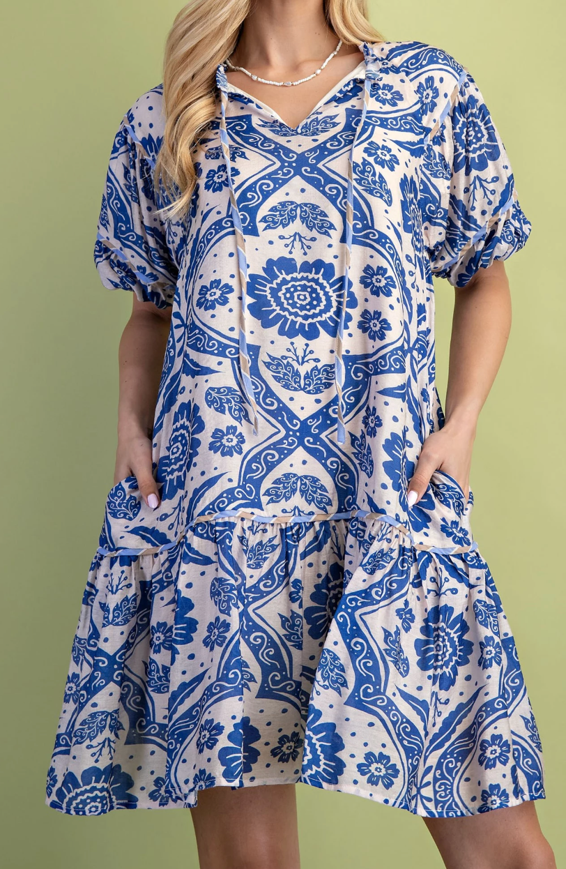 Bluebell Tile Puff Sleeve Dress