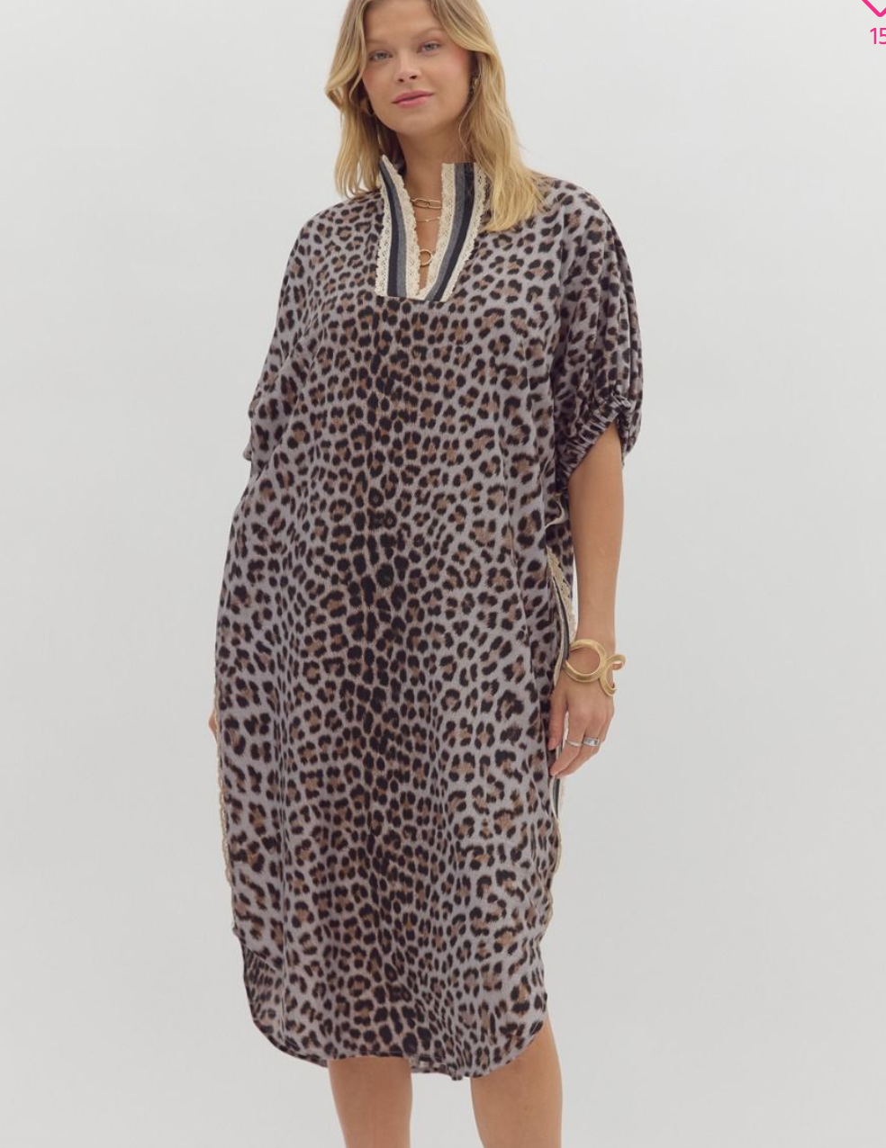 Leopard Print Dolman Sleeve Midi Dress - S-2XL