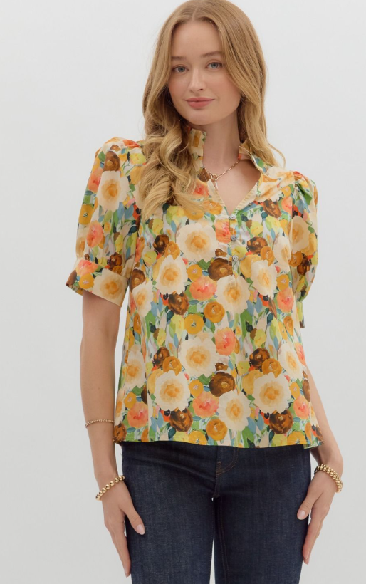 Floral Puff Sleeve Ruffle V-Neck Top