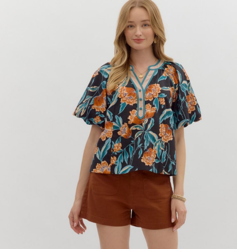 Floral Bubble Sleeve Contrast Top