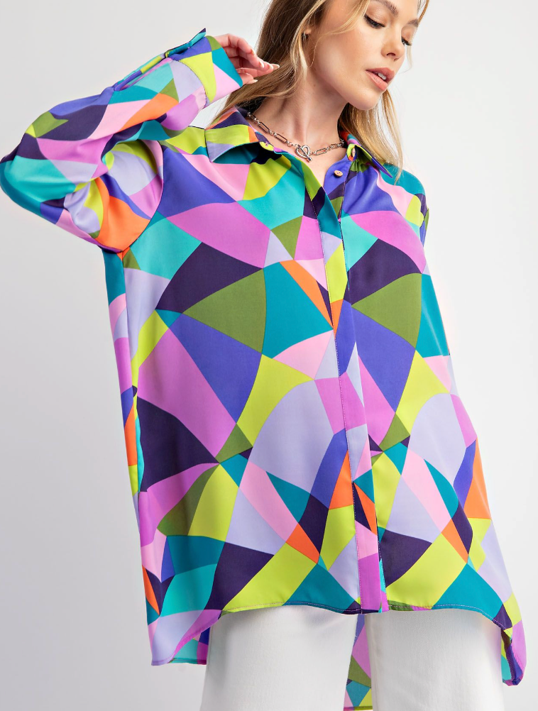 GEO PRINTED MIRABELLE SATIN BUTTON DOWN SHIRT - LB