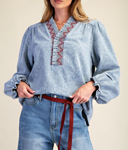 JACQUARD DENIM BLOUSE - light denim