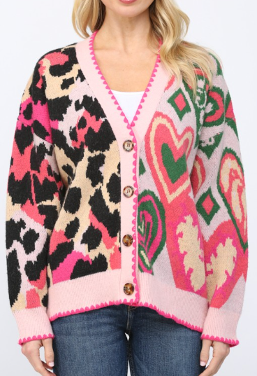 SCALLOPED DETAIL MIXED PATTERN OVERSIZED CARDIGAN