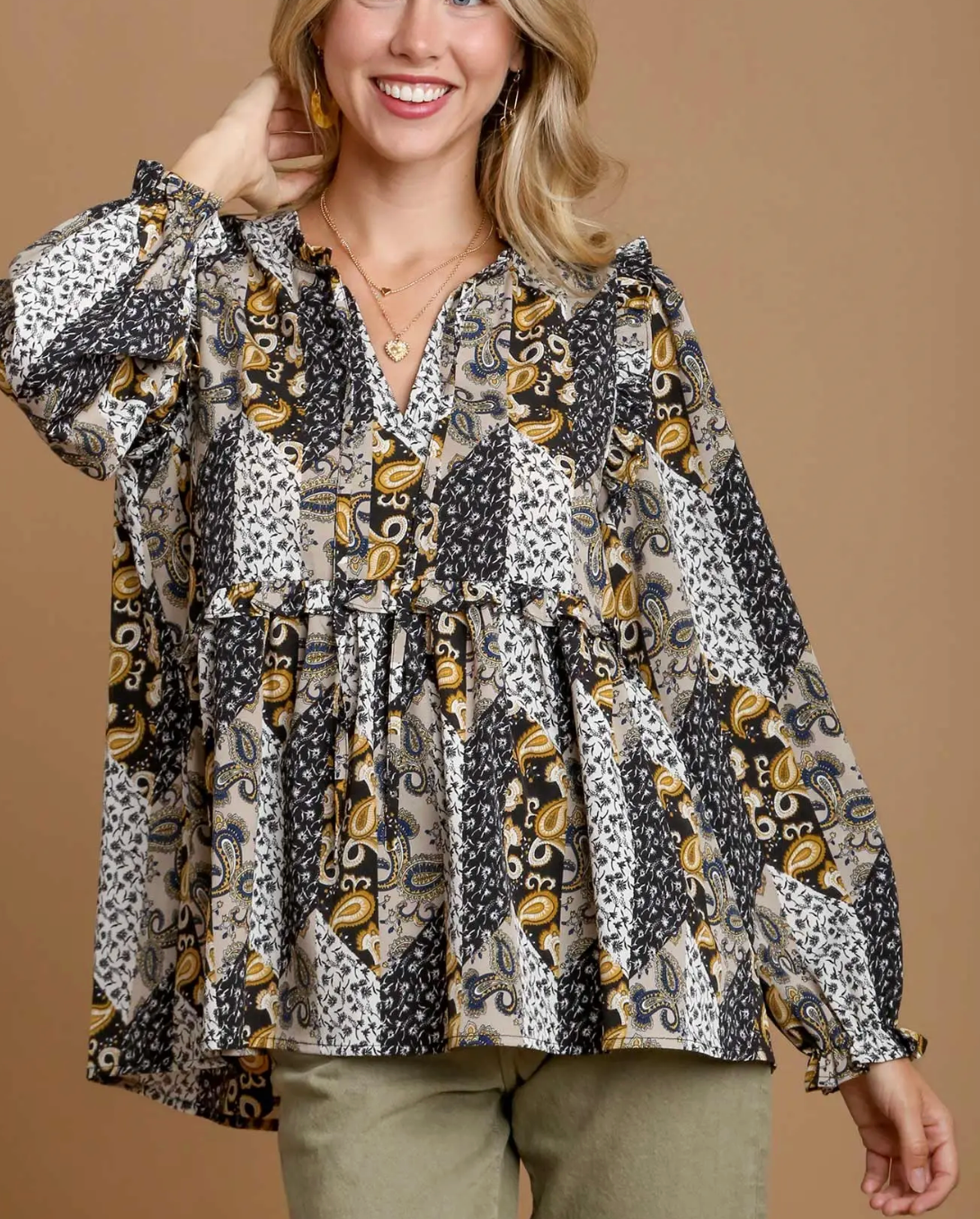 Round Neck Mixed Print Ruffle Blouse