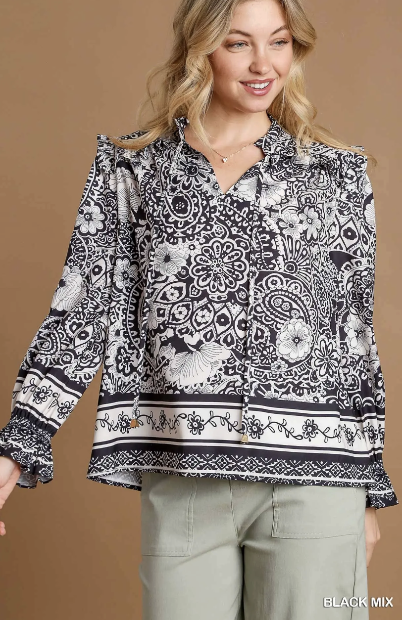 Two Tone Floral & Border Print Mix Top with Ruffles