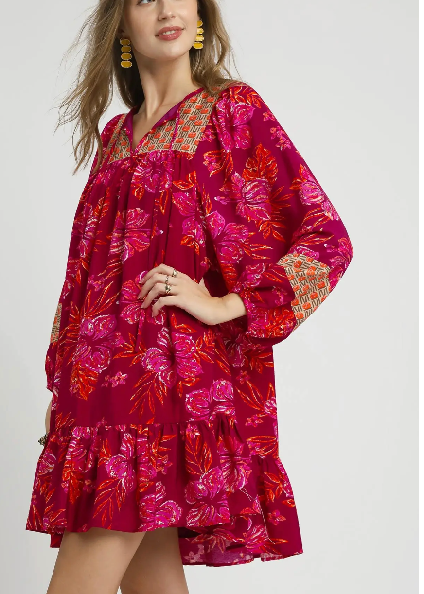 Wine Hibiscus & Vine Mixed Dress