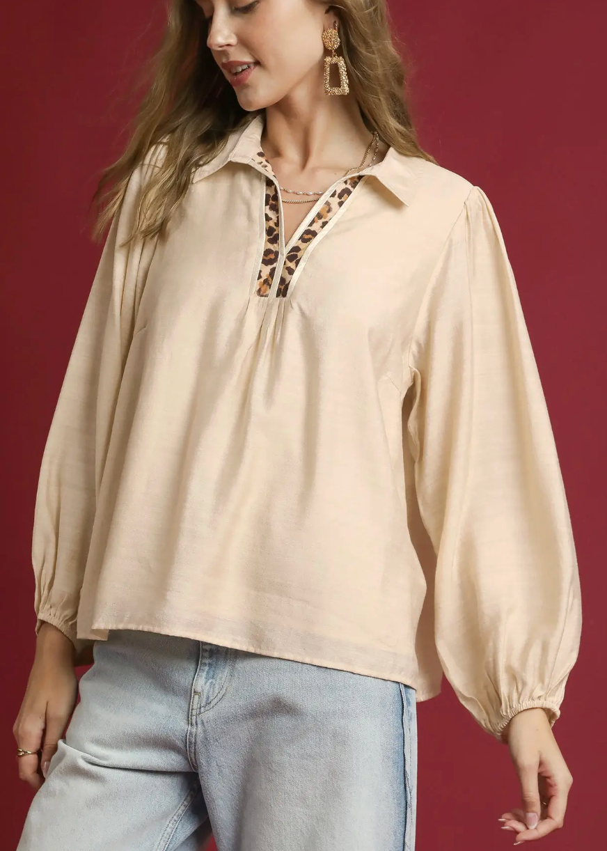 Long Sleeve Top with Leopard Print Trim