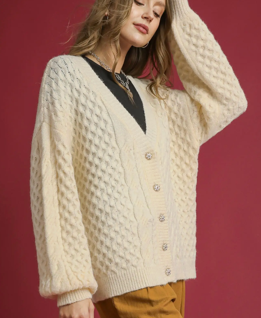 Cream Cable Knit Pearl Button Cardigan