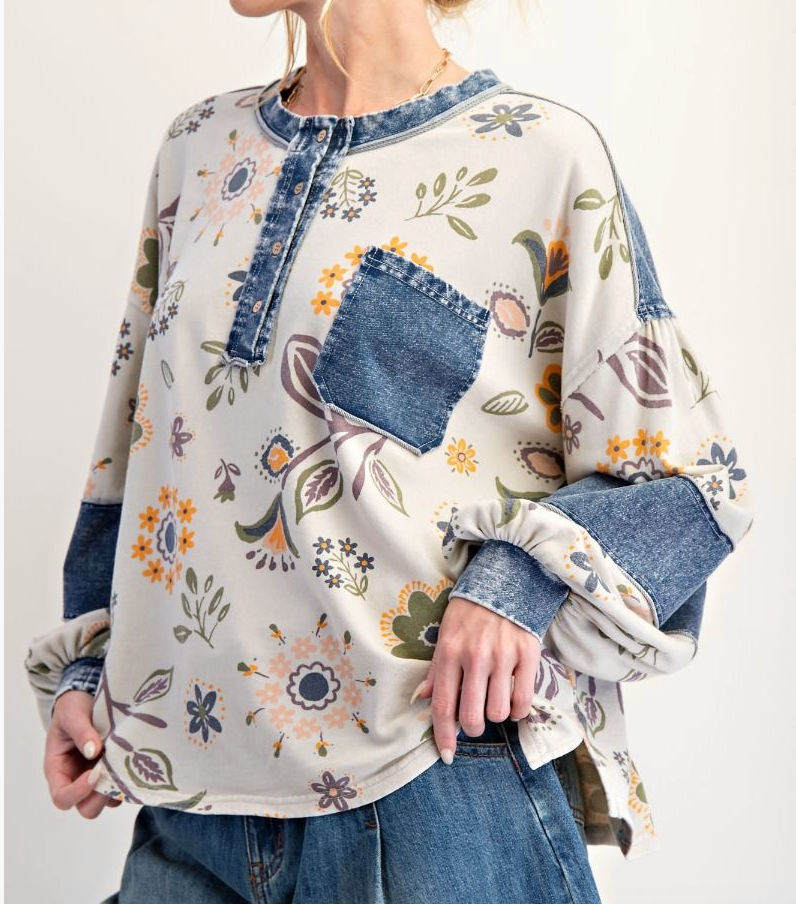 FLORAL PRINT WASHED TERRY HENLEY TOP