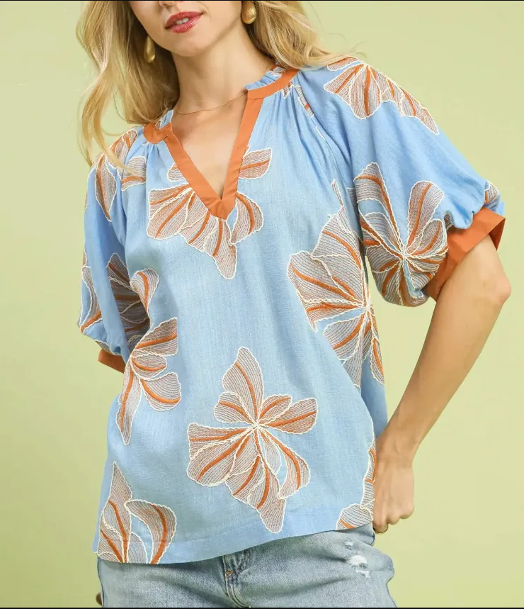 Embroidered V-Neck Top