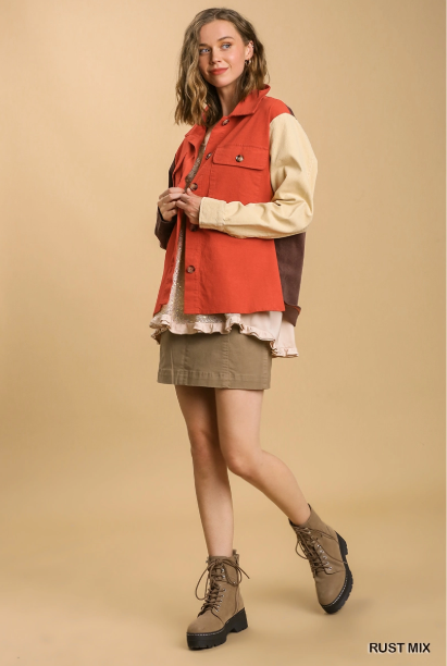 color-block corduroy button-up shirt