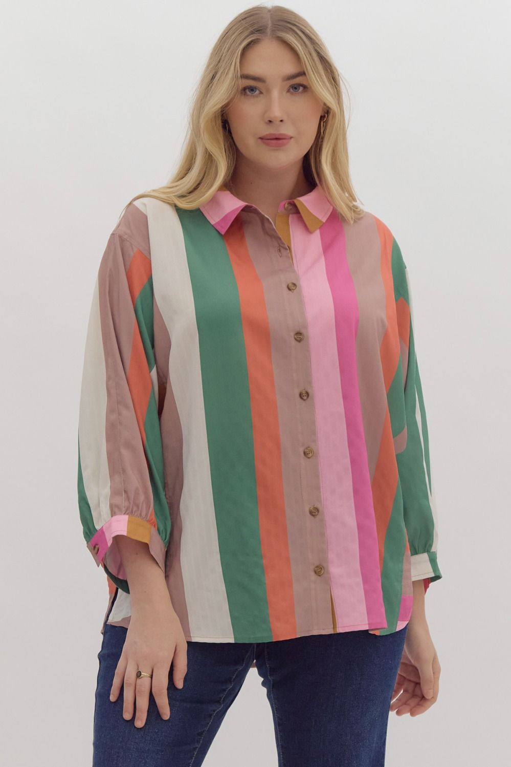 Multicolor striped button down long sleeve collared top