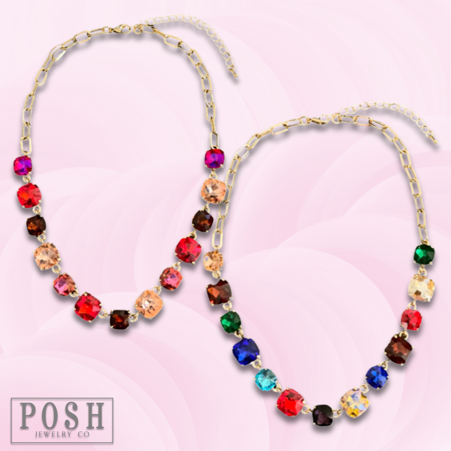 Square rhinestone and chain necklace - LC