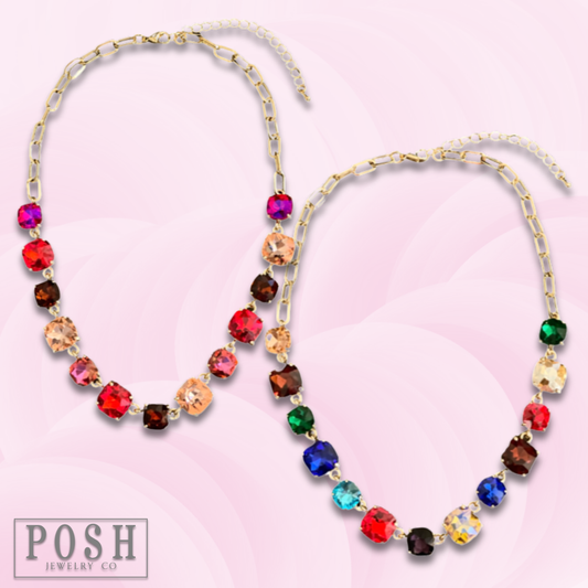 Square rhinestone and chain necklace - LC