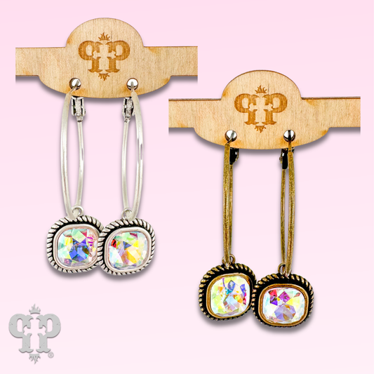 Rope edge square crystal hoop earring