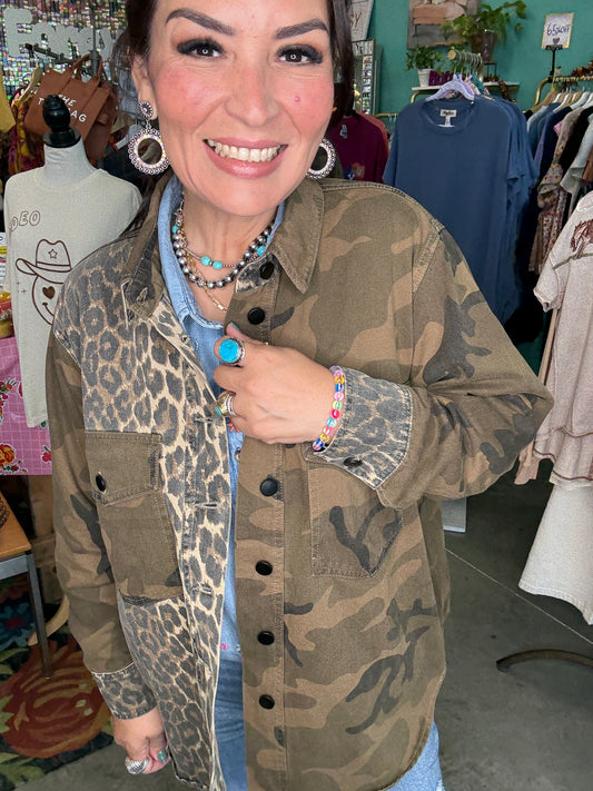 MIX MEDIA CAMO LEOPARD SNAP JACKET