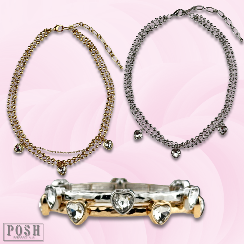 Three strand rhinestone heart charm necklace