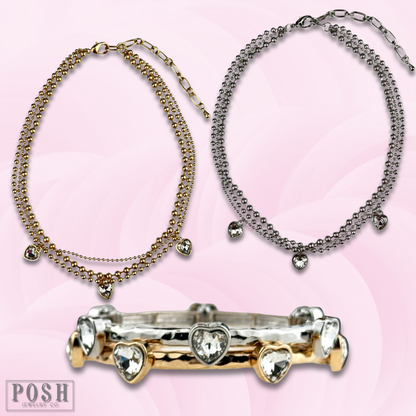 Three strand rhinestone heart charm necklace