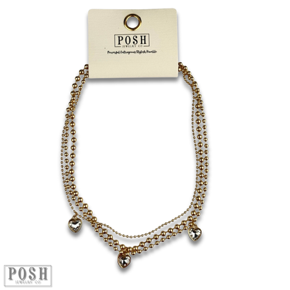 Three strand rhinestone heart charm necklace
