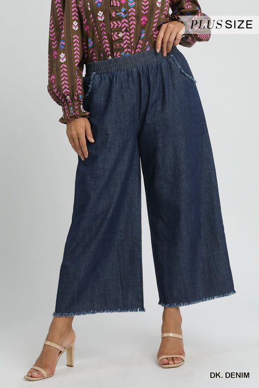 Washed Denim Pants with Fringe Hem - Curvy