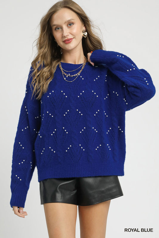 Royal Blue Pearl-Embellished Knit Sweater