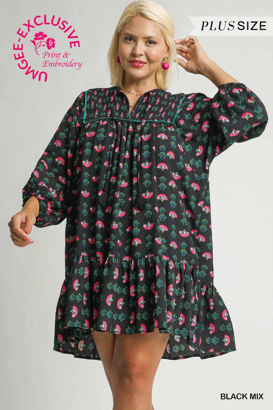 Floral Boho Mini Dress with Pink Accents - Curvy