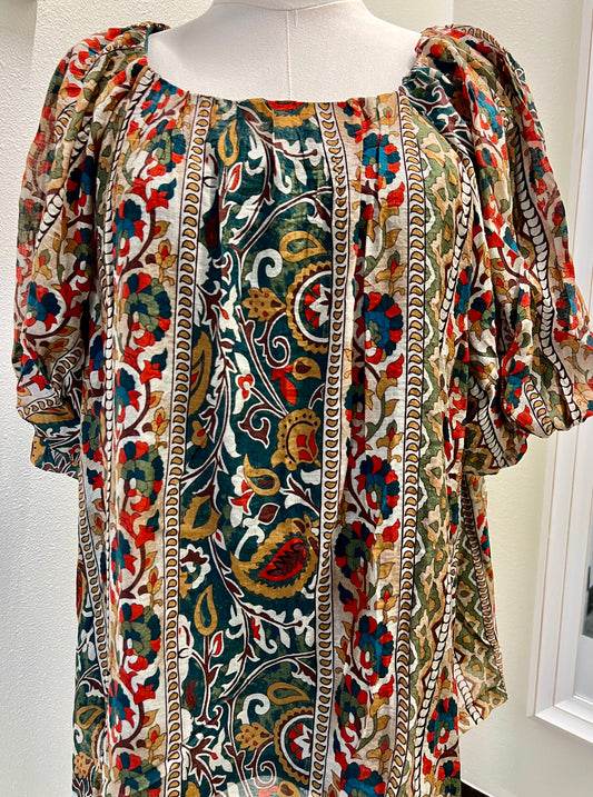 Boho Floral Stripe Puff Sleeve Blouse - Curvy