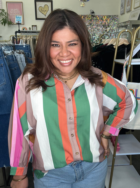 Multicolor striped button down long sleeve collared top