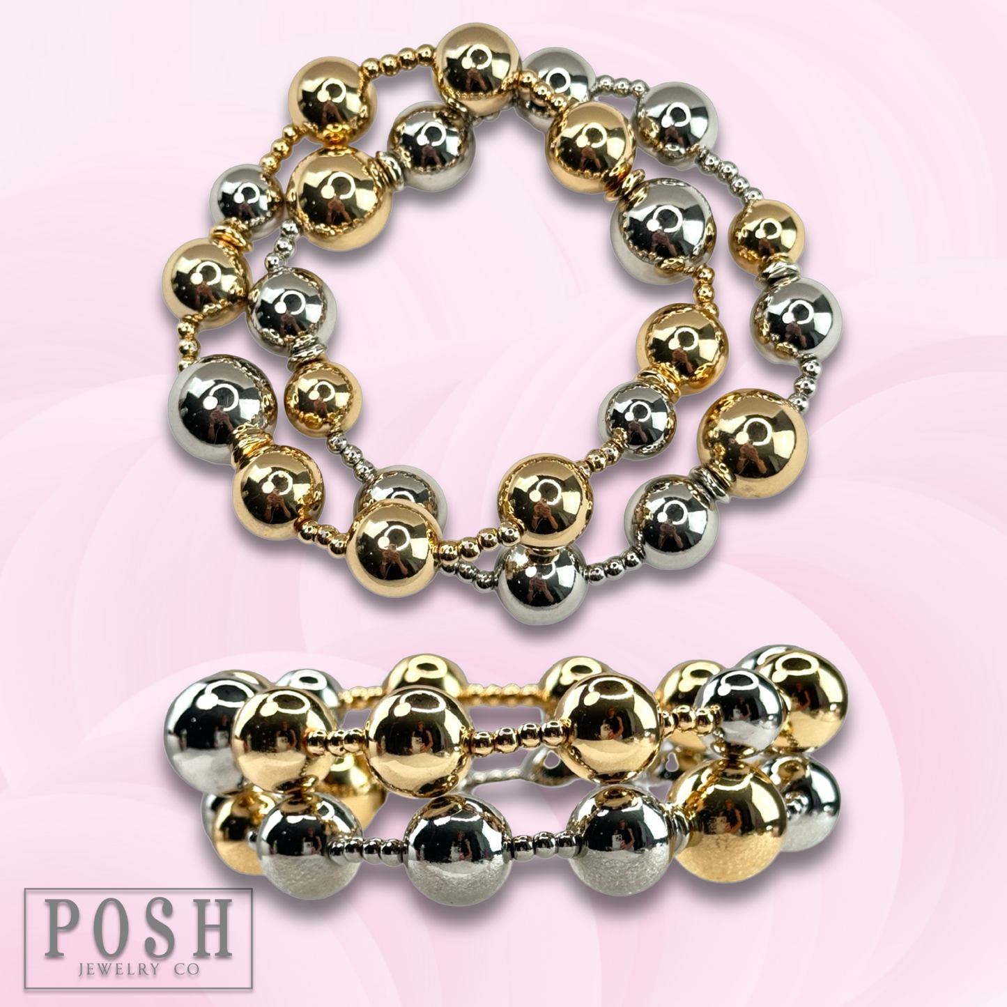 Two tone shiny bead double strand bracelet