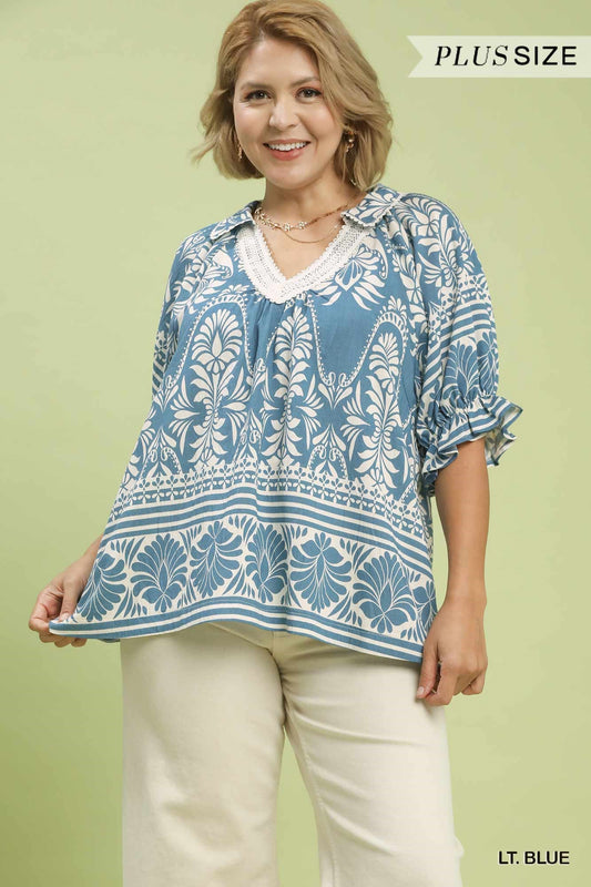 Two Tone Boarder Print Top - Curvy
