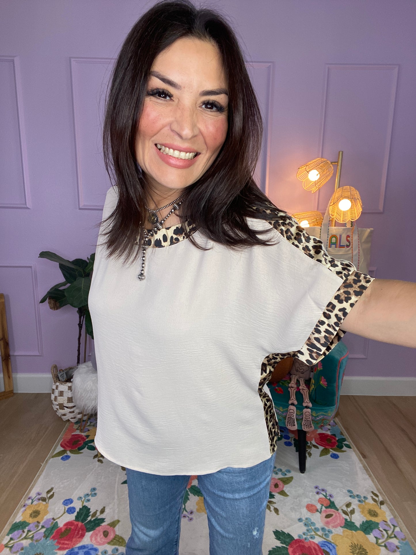Solid U-Neck Top with Leopard Trim