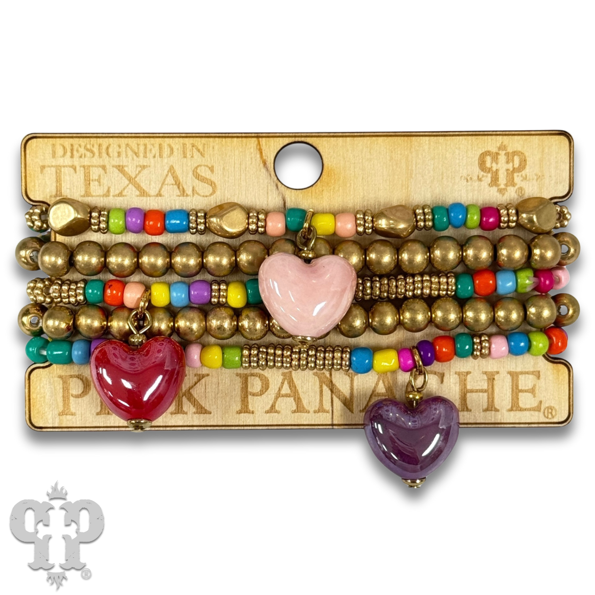 Multi-color bracelet with three heart charms